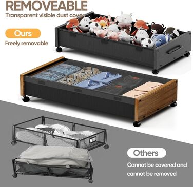 Комод під ліжко на колесах, 2 шт, дерев'яні контейнери для зберігання, великий розмір, органайзер під ліжко, ящики з прозорою кришкою, міцний для одягу, Коричневий горіх