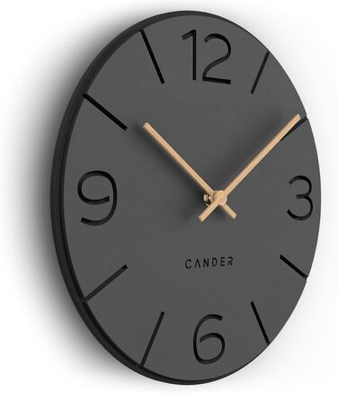 Cander Berlin MNU 2630 Y Wall Clock Silent, No Ticking, 30 cm, Analog, Living Room, Modern, Vintage, Grey, Black, Wooden Hands