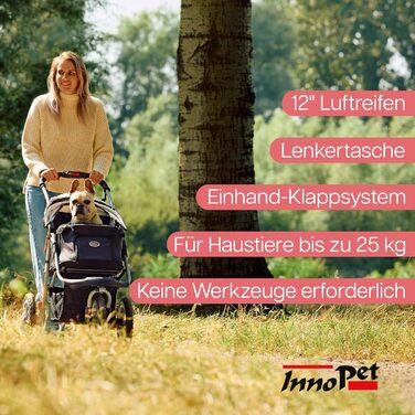 Візок для собак Innopet Comfort Air Eco чорного та срібного кольорів – візок для собак/кішок з колесами діаметром 30 см, складається в одну руку, підходить для лісових стежок – світловідбиваючі смуги, органайзер, перероблений нейлоновий матеріал