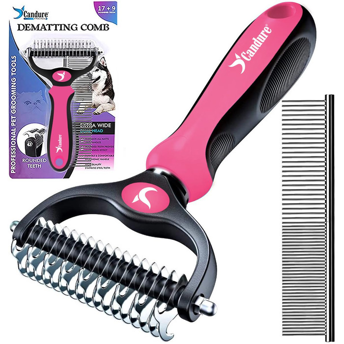 Професійна щітка Candure для собак та котів з довгим волоссям, гребінець, подвійні зубці, 17+9, видаляє ковтуни, шерсть з килимів (блакитний, рожевий)