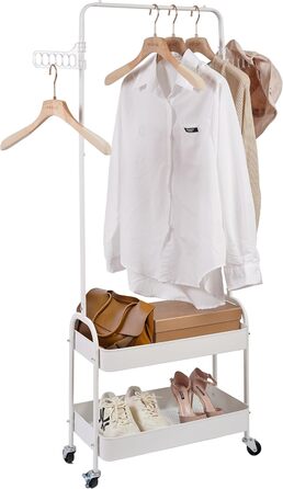 Metal Clothes Rack with 2 Shelves and Clothes Rail on Wheels - Wardrobe Stand for Bedroom, Living Room, Hallway, Home, and Office - White