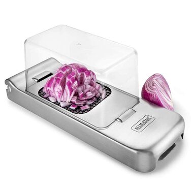 Подрібнювач для овочів Alligator 3094 з нержавіючої сталі - 3 насадки (3x3, 6x6, 12x12 мм) - з контейнером, BPA-free