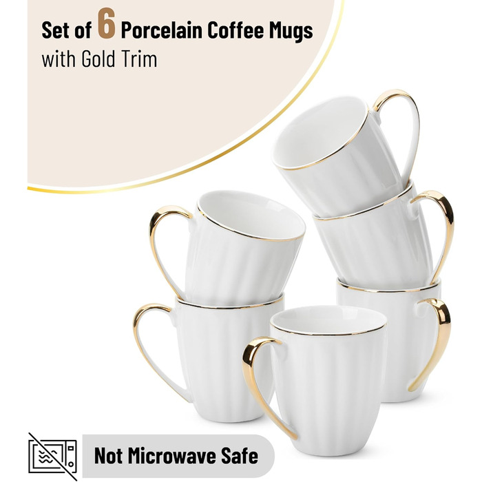 BTaT - White Coffee Cups, Set of 6, 340 ml, White Porcelain with Gold Rim, Coffee Cup Set, Hot Chocolate, Ceramic Mug, Large Cups for Coffee, Hot Cocoa Cups, Coffee Cup Set amic