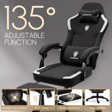 Ігровий крісло Dowinx з тканиною та пружинним сидінням, масажний ігровий крісло з підніжкою, ергономічне, для ПК, геймінгу, офісу, чорний, 150 кг