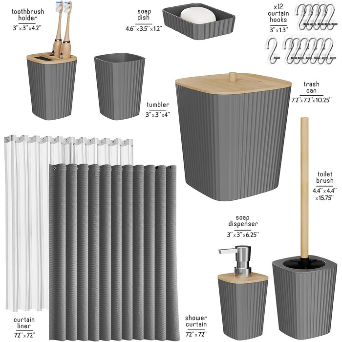 Набір аксесуарів для ванної кімнати Clara Clark сірий, 20 предметів: штора для душу, йоржик для унітазу, кошик для сміття, дозатор для мила - повний комплект