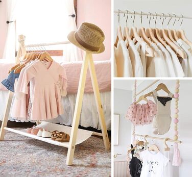 Дерев'яні вішалки для дитячого одягу Homewit - 24 шт. з перекладиною, з заглибленнями, 360° обертання, для малюків та дітей - 30 см