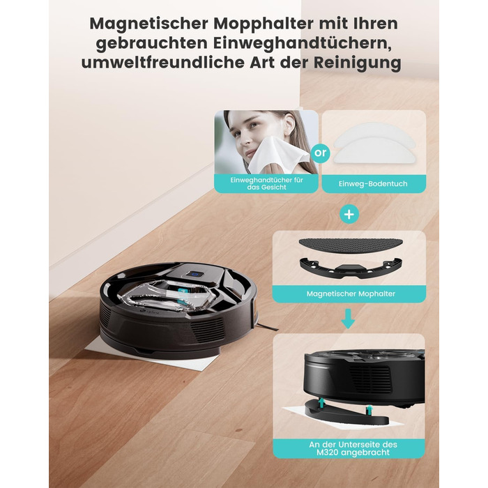 Робот-пилосос LEFANT M320 з функцією миття, потужність 6000 Па, уникнення перешкод, розпізнавання килимів, керування через додаток/Alexa, зона заборони, чорний