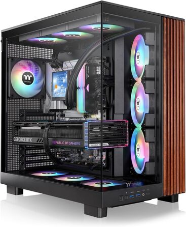 Корпус Thermaltake View 380 XL WS Black (Wood Style) | ATX Mid-Tower з RGB підсвічуванням | Подвійна камера, прихований з'єднувач, встановлений RGB вентилятор, тиха система охолодження, підтримка радіатора 360 мм, дерев'яні акценти