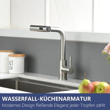 Кухонний змішувач AIMADI висувний з 3-ма режимами, з душовою насадкою, 38 см, однорідний, для холодної та гарячої води, для раковини та кухонного острова, з нержавіючої сталі, водоспад, матовий нікель