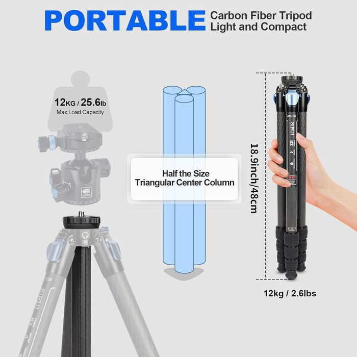 Штатив SIRUI AM124 з кульковою головкою AM01, карбоновий, для камери, легкий, туристичний, водонепроникний, 159 см, навантаження 12 кг