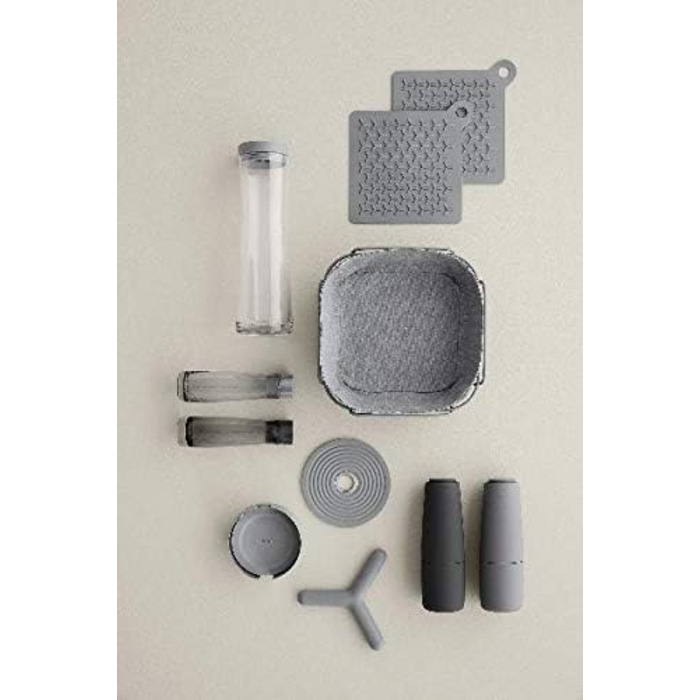 blomus -LARETO- Set of 6 Silicone Coasters, soft beige tone, including stainless steel holder, color (64065) (Sharkskin)
