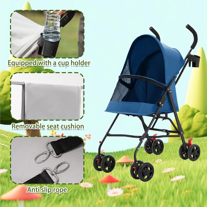 Візок для собак та котів OHMG, складаний, до 20 кг, з гальмами, великий кошик, 3 вікна, тримач для напоїв, блакитний