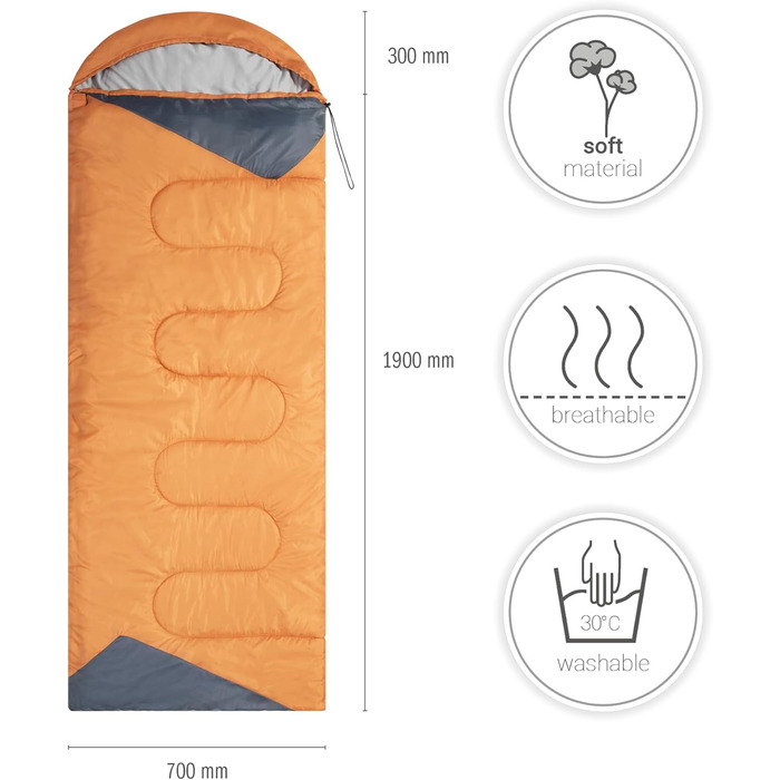 Paco Home Sleeping Bag - Washable, Breathable, Adult & Kids - Summer/Winter Camping & Travel (Orange, 220x70x6cm)