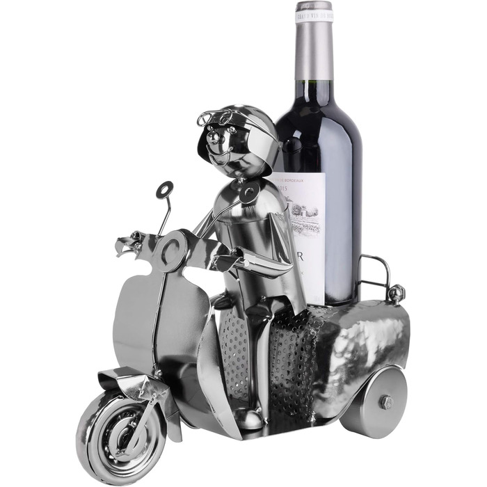 BRUBAKER Wine Bottle Holder Scooter Rider Silver - Metal Sculpture Bottle Stand - 27 cm Metal Figure Wine Gift for Scooter Fans - with Greeting Card