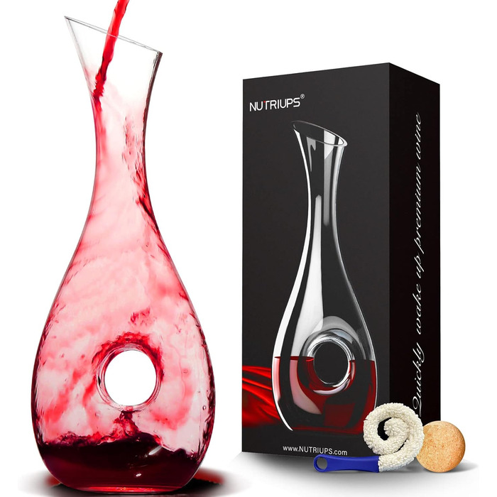 NUTRIUPS Red Wine Decanter, Crystal Glass Wine Carafe, Lead-Free Wine Carafe, Wine Decanting Vessel, Decanting Wine, Decanter in Hollow Circle Shape, 1.2L Decanter for Wine Lovers (straight)