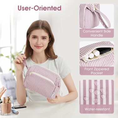 Косметичка жіноча Narwey для подорожей: зручна та містка сумка для косметики та аксесуарів (сіро-блакитний, рожеві смуги)