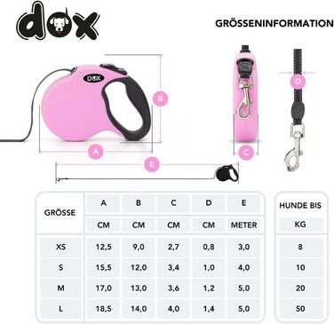 Рулетка для собак DDOXX - міцна, світловідбиваюча, рожева, до 20 кг, 5 м