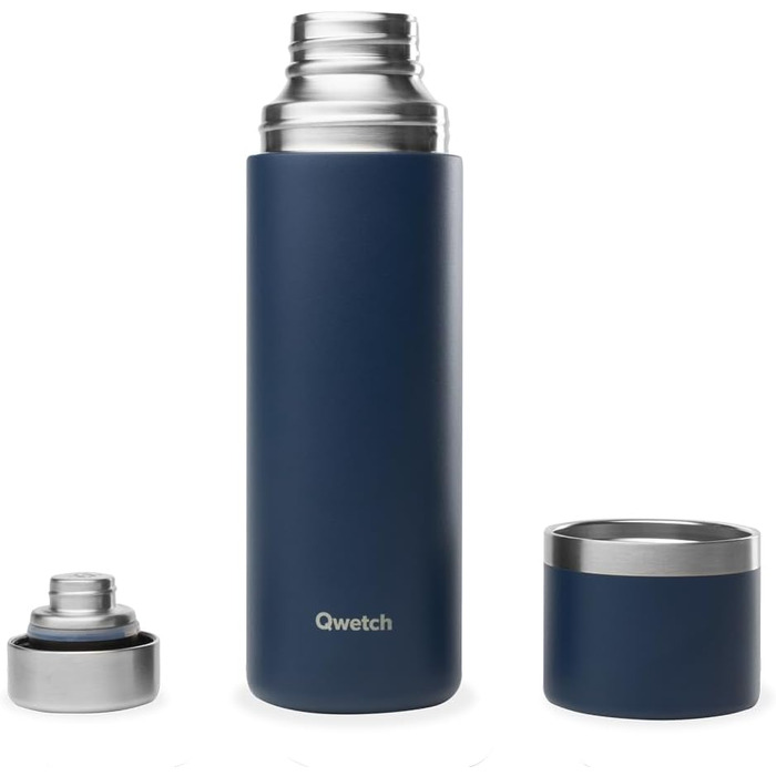 Qwetch Stainless Steel Thermos - 750ml Insulated Flask & Thermos Bottle with Recycled Stainless Steel Cup - 24h Cold & 12h Hot - Leakproof, BPA-Free & Perfect for Coffee & Tea - Brushed Stainless Steel, Marine Blue