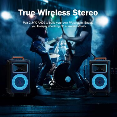 Караоке система JYX з 2 бездротовими мікрофонами, великим гучномовцем, Bluetooth, колесами та диско-світлом, сабвуфером PA, підтримкою TWS/USB/SD/AUX/Rec (Чорний)