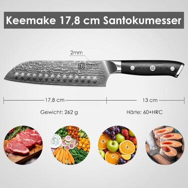 Ніж Santoku Keemake Damastmesser 17.8 см, професійний кухонний ніж з дамаської сталі (67 шарів) для м'яса та риби, ніж для шеф-кухаря 18 см
