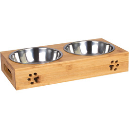 Станція для годування домашніх тварин LAUBLUST: підставка для мисок з бамбука, 2 нержавіючі миски | для собак та котів, розмір 31 x 15 x 6 см | M