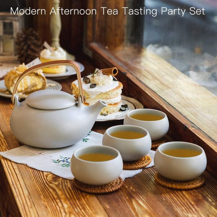 ZENS Modern Japanese Teapot, 800ml Matte White Ceramic Teapot with Infuser, Wooden Handle Small Japanese Teapot for Loose Leaf Tea, White Tea, Green Tea Steeper, Gift for Tea Lovers (10-grey Tea Service-4 Cups)