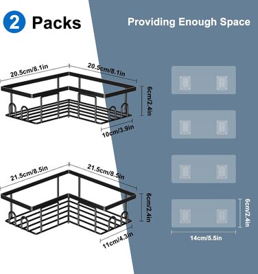 Набір кутових поличок для душу без свердління, водонепроникні, з нержавіючої сталі (3+2 шт, чорний)