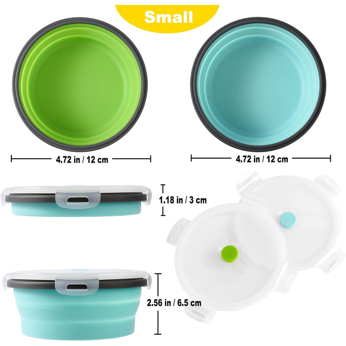 Складані миски для собак з силікону для корму та води, для подорожей, з кришкою, портативні, розширювані, для домашніх тварин, для прогулянок, кемпінгу, 2 шт. блакитний / зелений (Small, блакитний / зелений)