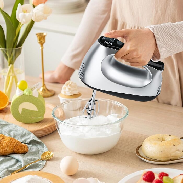 Електричний міксер Lychee з анти-розбризкуванням, 5 швидкостей (Turbo), база для зберігання, 6 насадок з нержавіючої сталі, 300W