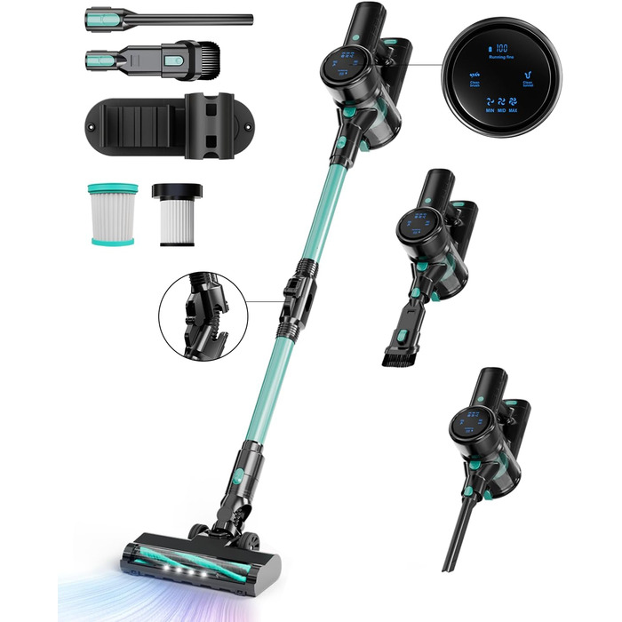 Бездротовий акумуляторний пилосос 28KPa з LED-дисплеєм, антизаплутана щітка, змінний акумулятор, вертикальний пилосос для твердих поверхонь, килимів та шерсті тварин (зелений)