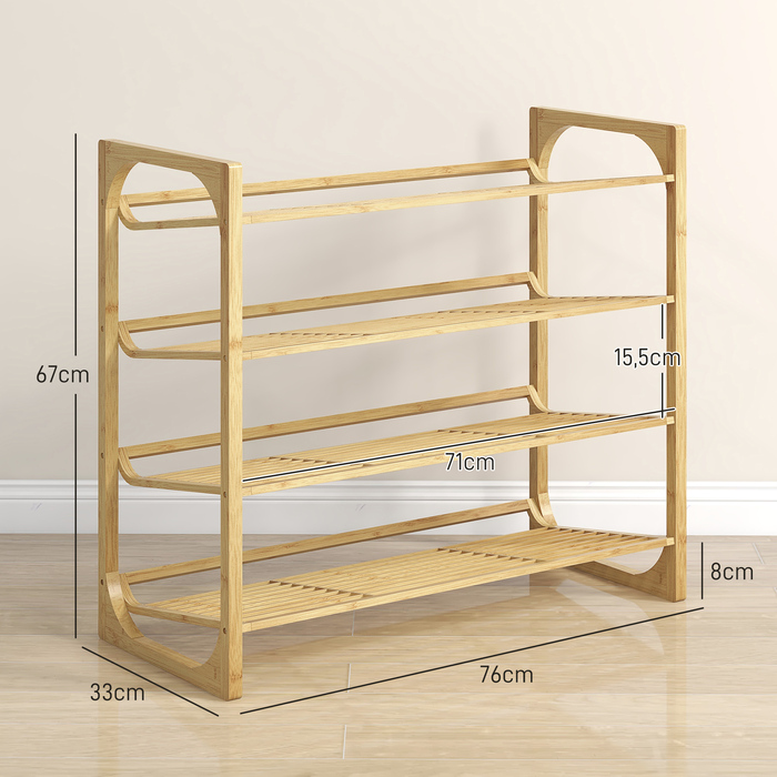 HOMCOM Bamboo Shoe Rack Shoe Organizer 4-Tier for up to 12 Pairs of Shoes with Handle for Entrance Bedroom 76 x 33 x 67 cm Natural