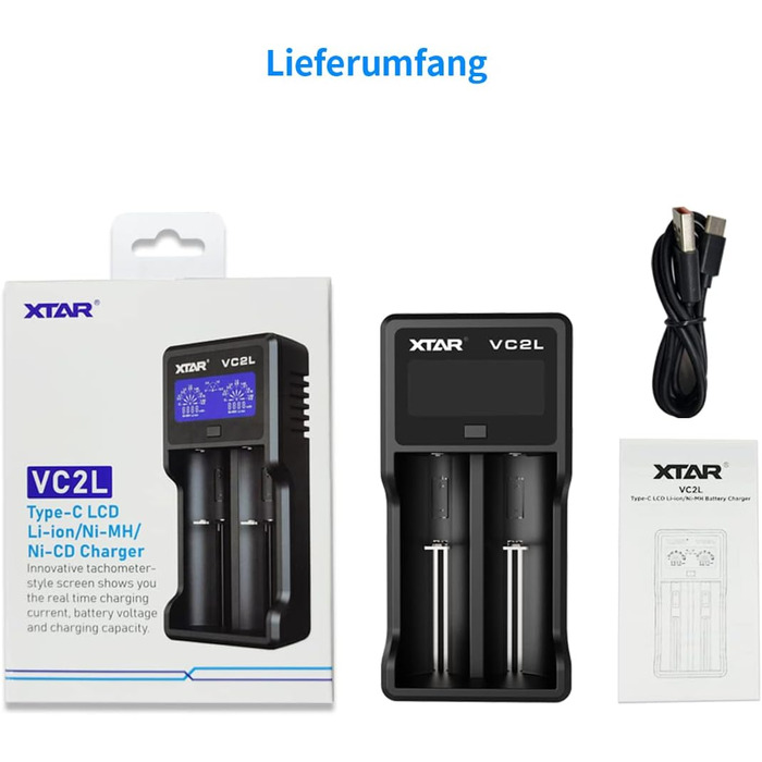 Зарядний пристрій XTAR VC2L для акумуляторів 18650/21700 з LCD дисплеєм та USB Type-C, 2 слоти, для Li-ion 3.6V/3.7V та Ni-MH/Ni-Cd AA/AAA