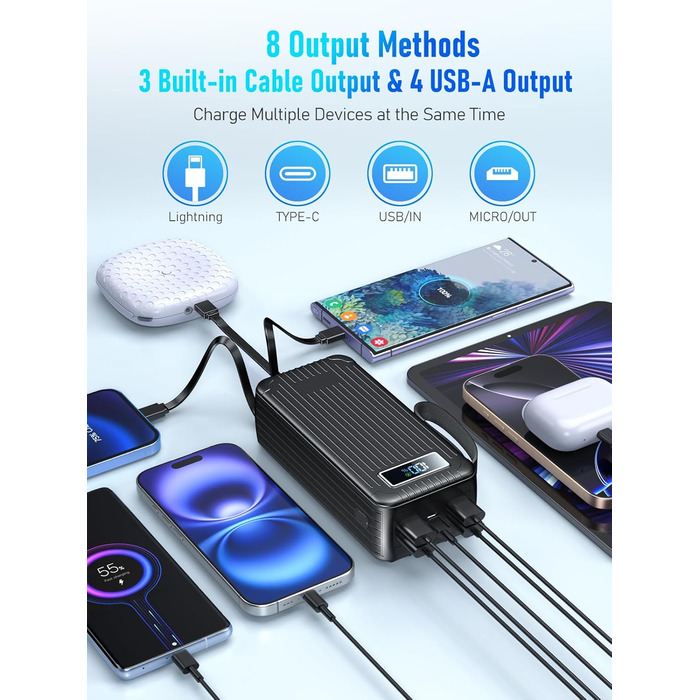 Power Bank 60000 mAh з PD 45W, 6 портів (4 USB-A, 2 Type-C), LED дисплей, вбудовані кабелі, чорний