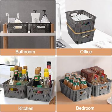 UHAPEER Storage Box with Bamboo Lid, 6 Pack Storage Basket, Plastic Basket Storage, Kitchen Organizer White, Stackable Storage Boxes, Box with Lid 25.6 x 18 x 10.7 cm (Gray)