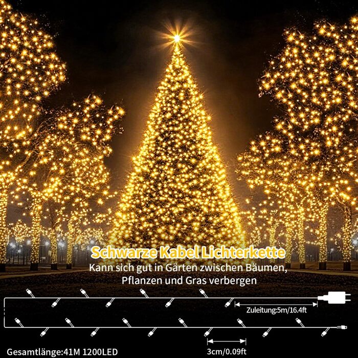 Льо́мка́ з 1200 світлодіо́дів для зовні́шнього використання, 36 метрів, для прикрашання ялинки, 8 режимів, таймер, чорний кабель, IP44, вологостійка, для балкона, саду, вечірки, весілля (тепле біле світло)