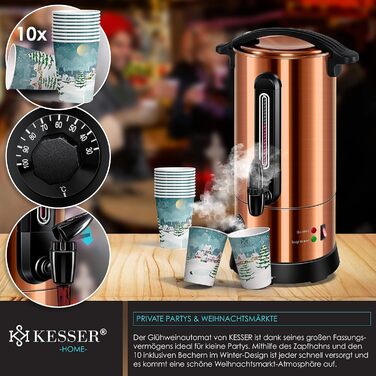 KESSER® 10L Stainless Steel Mulled Wine Boiler Including 10 Cups Mulled Wine Cooker with Thermostat, Mulled Wine Dispenser, Hot Beverage Dispenser, Kettle, Hot Water Dispenser, Canning Machine, Fill Level Indicator, Tap (Copper)