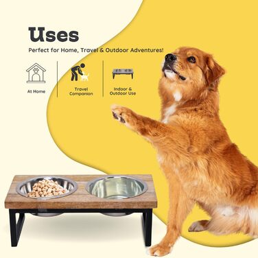 Підвищений дерев'яний стійка для собак AASPIRE PETS з 2 нержавіючими мисками – для води та корму, об'єм 0.9 л, годівниця для собак середніх та великих порід