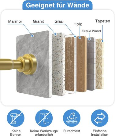 Телескопічна штанга для карнизів та душової кабіни без свердління, 79-195 см (Золотий)