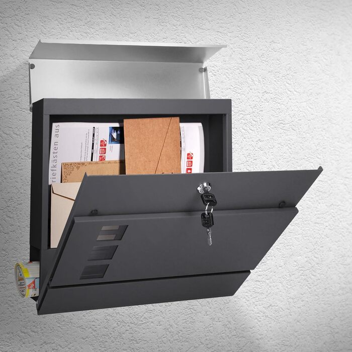 Поштова скринька настінна ECD Germany з газетницею, антрацит/срібло, 37x10.5x36.5 см, нержавіюча сталь, вікно огляду, 2 ключі, кріплення. Сучасний дизайн.