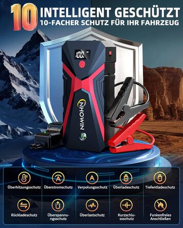 Портативний пусковий пристрій NHOWIN 4000A: Powerbank для авто 12V, 20000 mAh, 4-в-1, з кабелями та LED-ліхтариком для подорожей та надзвичайних ситуацій