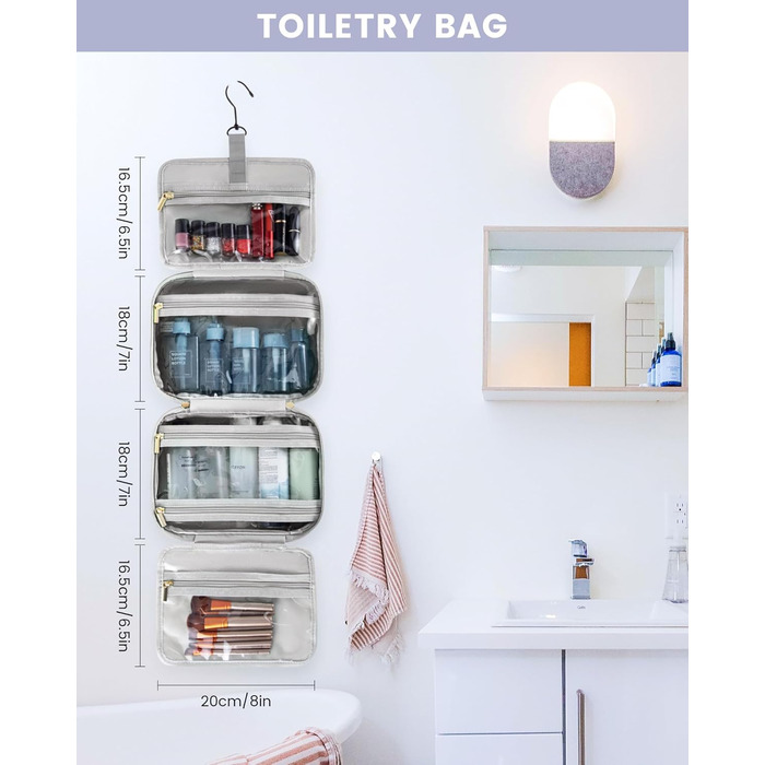 Чоловіча/Жіноча косметичка OVEVOOK водонепроникна, велика, з гачками, для подорожей (Світло-сіра, M)