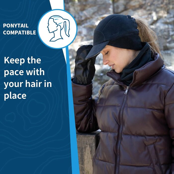 TrailHeads Fleece Sport Mütze Damen - Флісова спортивна шапка для жінок з отвором для хвостика та світловідбиваючим краєм, чорний & оранжевий, універсальний розмір