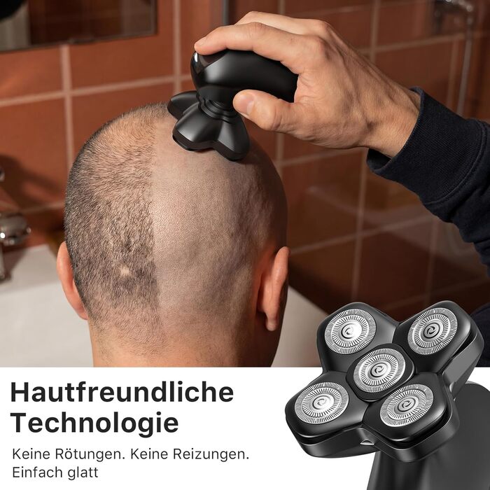 Електричний тример для гоління голови Trimcoo 5-в-1 з титановими лезами, IPX7 водонепроникний, USB-C, LED-дисплей - для чутливої шкіри голови (чорний)