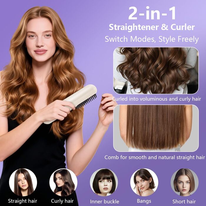 Бездротова випрямляч для волосся LOPHE - щітка-випрямляч з LED-дисплеєм, 3 температурні режими, акумулятор, для волосся та бороди, білий