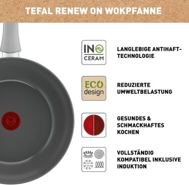 Wok Tefal Renew C42704 28 см з керамічним покриттям Thermo-Signal, сірий - екологічна перероблена жаровня для всіх типів плит, включаючи індукцію