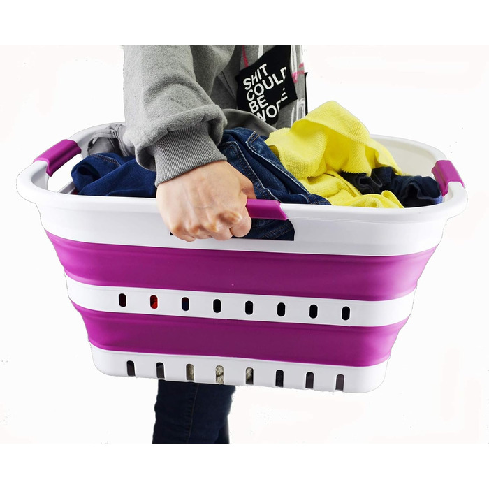 SAMMART 30L Collapsible 3-Handle Plastic Laundry Basket - Foldable Pop-Up Storage Container/Organizer - Portable Wash Basin - Space-Saving Basket/Bin (White/Purple)