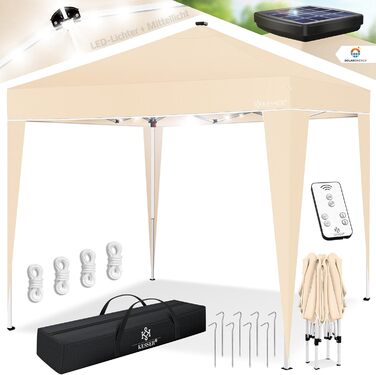 KESSER® Pavilion Folding Pavilion 3x3m with LED Lighting | Pop-Up Garden Pavilion Height Adjustable, Stable, Waterproof, Winterproof | Party Tent, Event Tent, UV Protection 50+ including Remote Control & Bag Beige