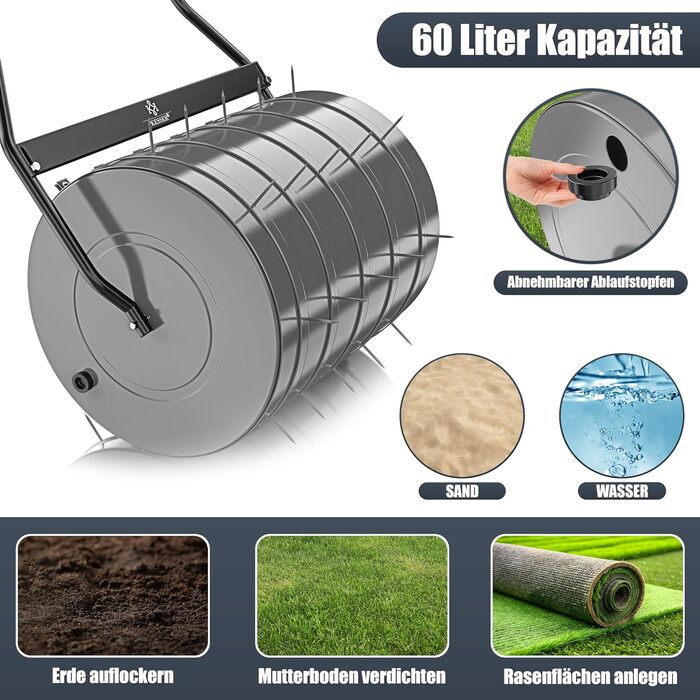 Коток для газону KESSER, металевий, заповнюється водою або піском, 60 л, 50 см, садова ручна газонна катка з 5 шипами та рукавицями, антрацит