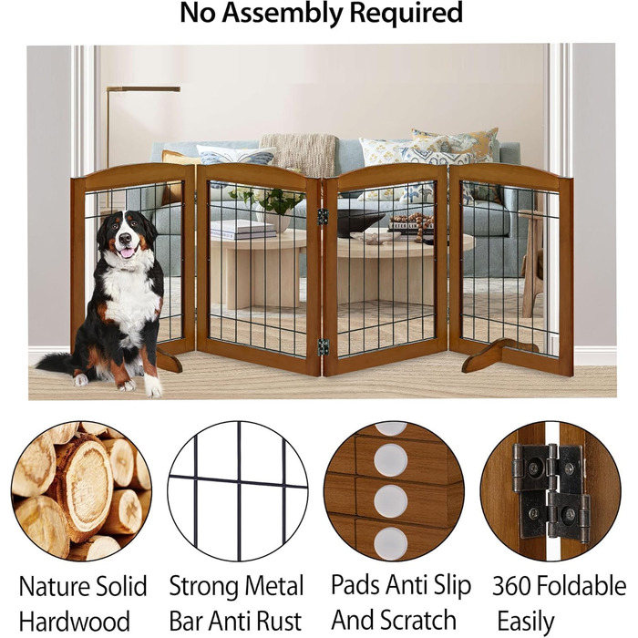 Дерев'яне перегороджувальне ґратка для собак, 4 панелі, широке, 76,2 см, розкладне, бар'єр для тварин, з підставками, масивне тверде дерево та сталевий дріт, захисне ґратка для дверей, коридорів, 76 см висота