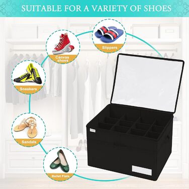 Shoe Organizer for Closet, Fits 16 Pairs, Large Shoe Cabinet, Shoe Box with Transparent Lid, Sturdy Storage Box for Shoe Storage, Space-Saving Shoe Rack with Handles, Black